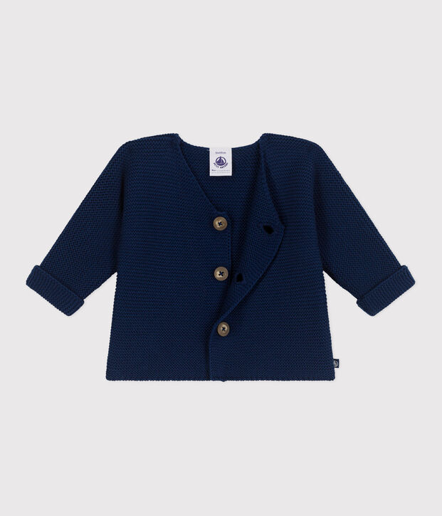 Cardigan b&eacute;b&eacute; tricot point mousse en coton bleu fonc&eacute;