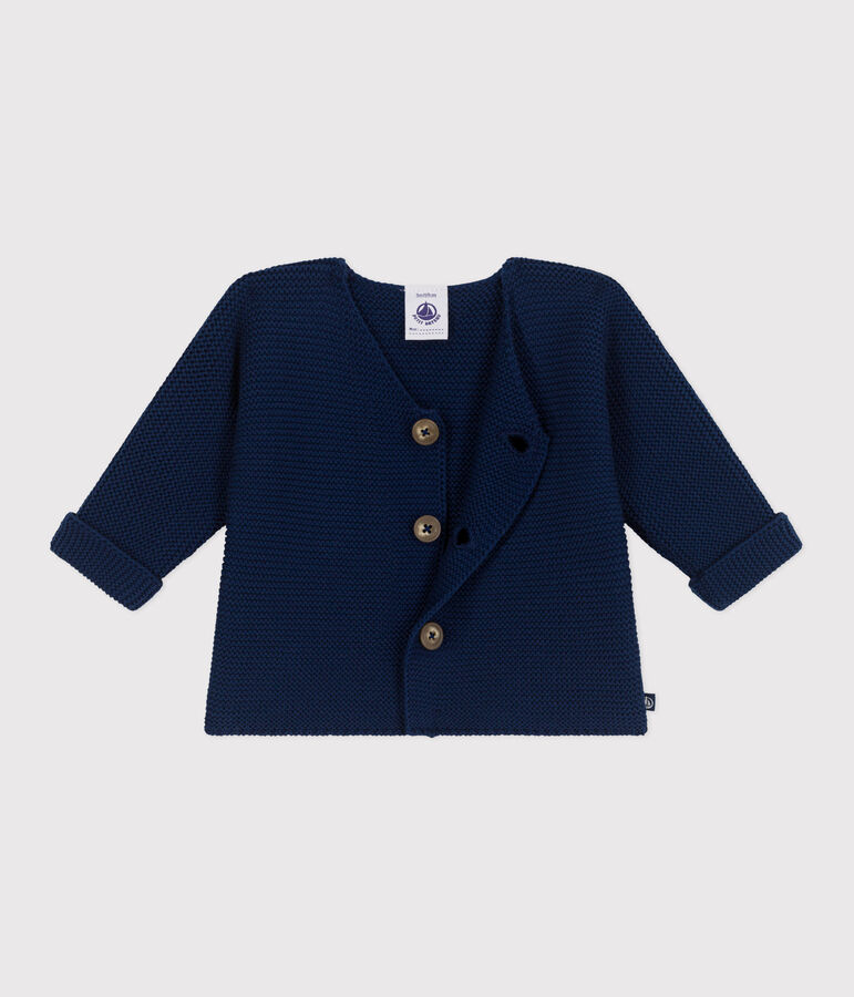 Cardigan b&eacute;b&eacute; tricot point mousse en coton bleu