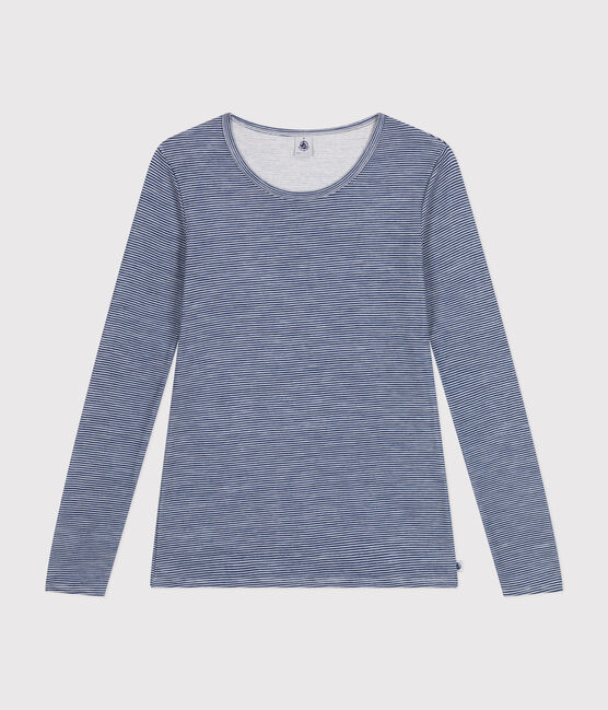 Gestreept T-shirt met lange mouw van wol en katoen voor dames blauw MEDIEVAL/wit MARSHMALLOW
