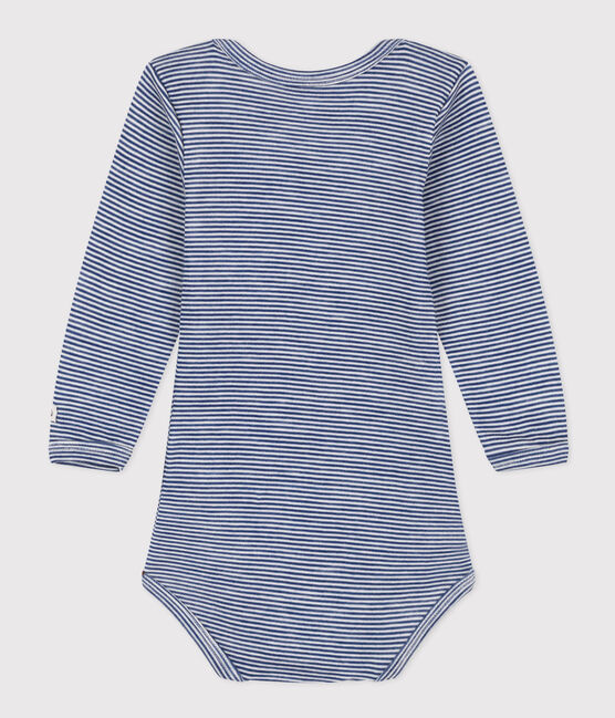 BABYBODY MET LANGE MOUW EN STREPEN IN WOL EN KATOEN blauw MEDIEVAL/wit MARSHMALLOW