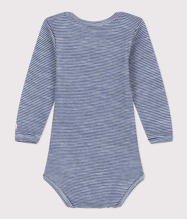 BABYBODY MET LANGE MOUW EN STREPEN IN WOL EN KATOEN blauw/wit