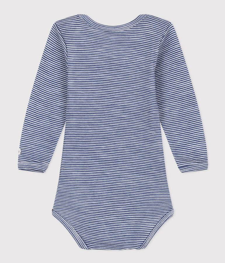 BABYBODY MET LANGE MOUW EN STREPEN IN WOL EN KATOEN blauw/wit
