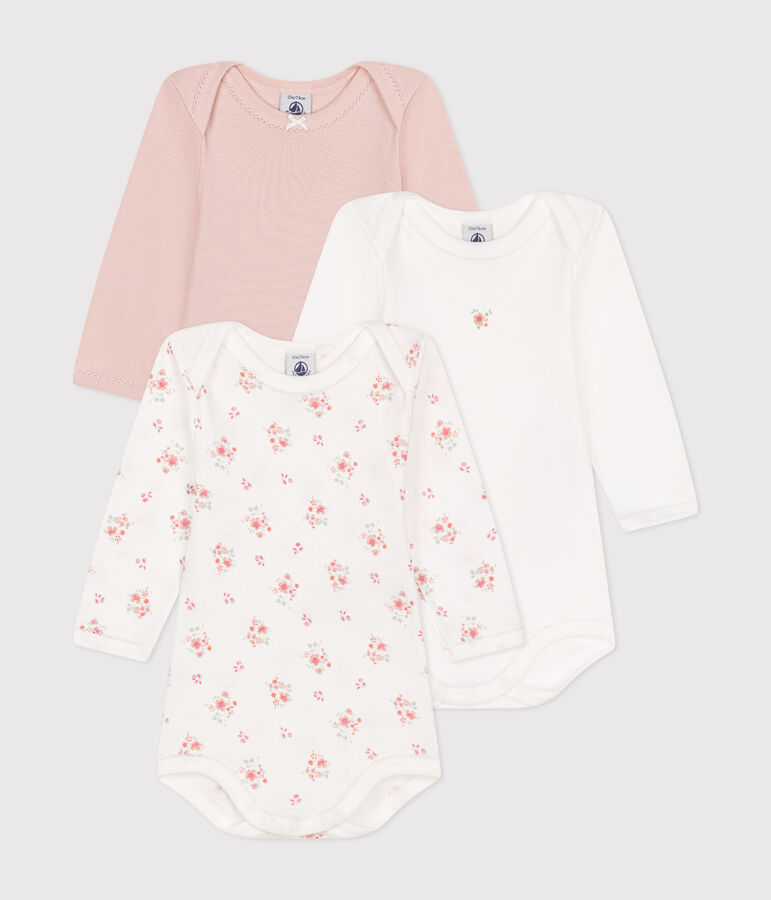Lot de 3 bodies manches longues fleurs en coton b&eacute;b&eacute; multicouleur