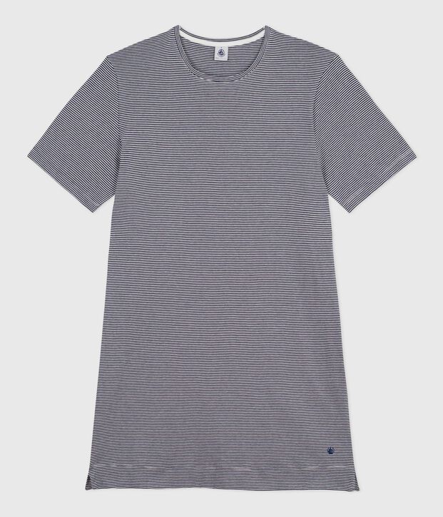 Katoenen damesnachthemd met korte mouwen en streepjes blauw/wit