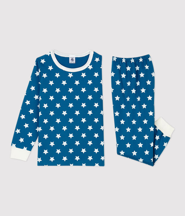 Jongens/meisjes pyjama met grafische print van biologisch katoen blauw/wit
