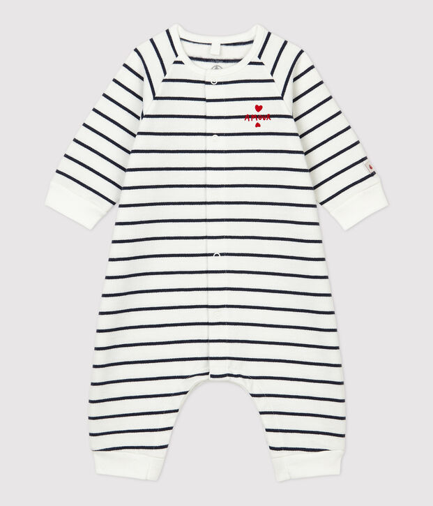 Combinaison rayures marini&egrave;res b&eacute;b&eacute; molleton en coton biologique blanc/bleu