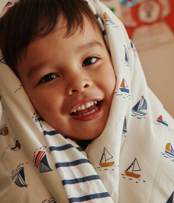 Housse de couette et taie pour enfant imprimés bateaux blanc MARSHMALLOW/bleu MEDIEVAL/ MULTICO