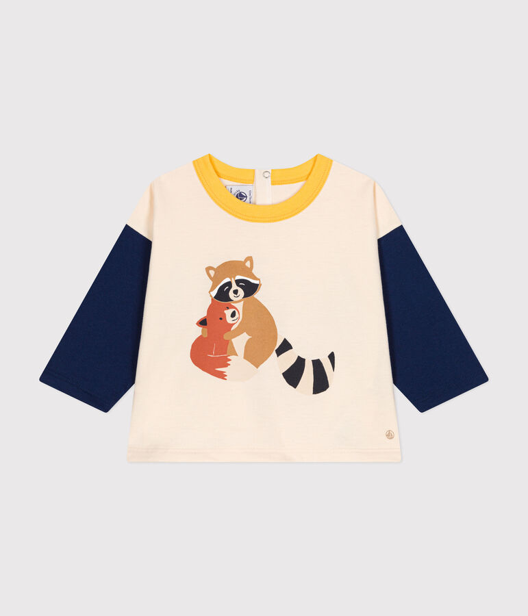 T-shirt met lange mouw van dunne jersey voor baby's ecru/blauw