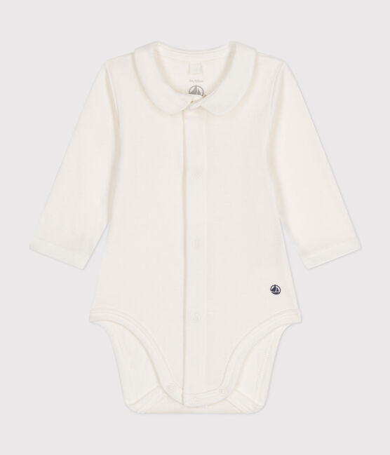 Katoenen body met lange mouwen en kraagje voor baby's wit MARSHMALLOW