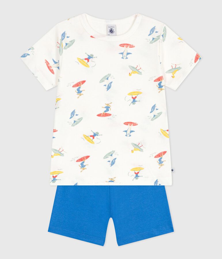 Katoenen korte kinderpyjama met surfertjesprint wit/multicouleur
