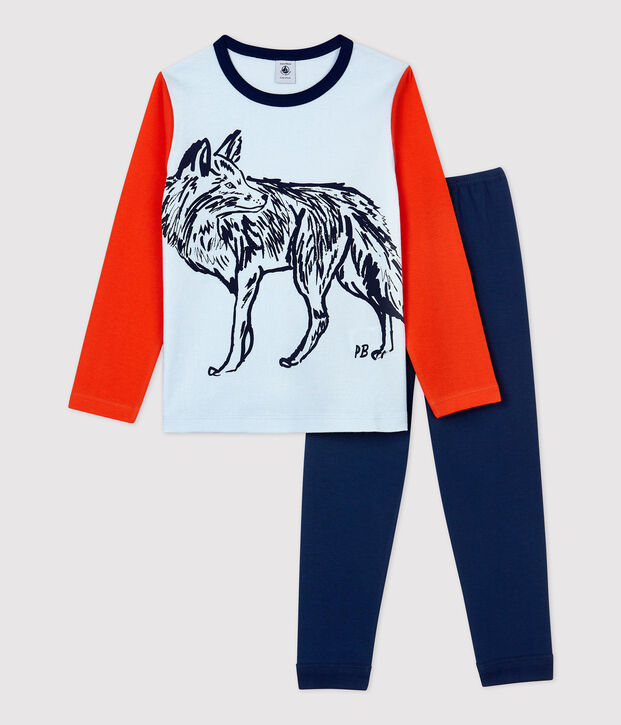 Katoenen jongenspyjama met wolvenmotief blauw/multicouleur