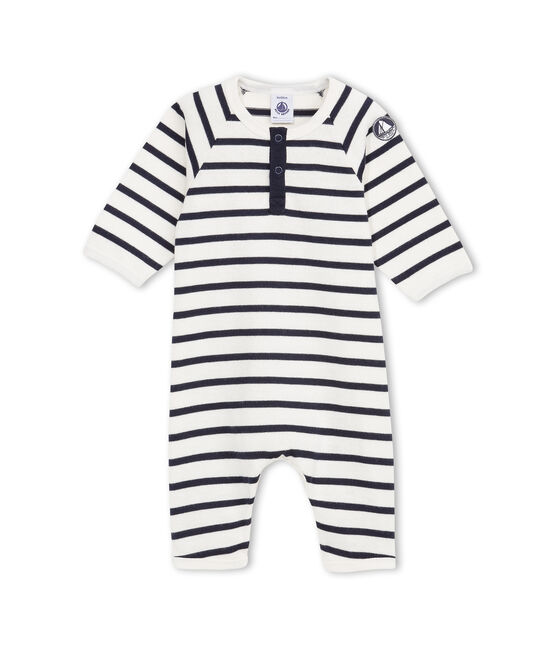 Combinaison bébé garçon en jersey lourd rayé beige COQUILLE/bleu ABYSSE