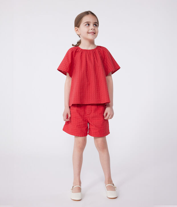 Blouse enfant en coton manches courtes &agrave; motif fleurie rouge