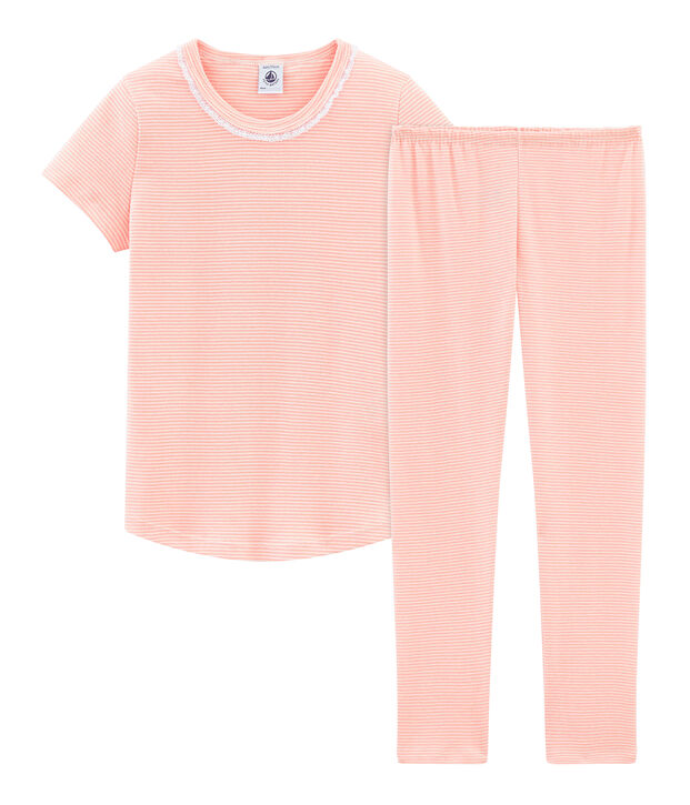 Meisjespyjama met korte mouwen in ribkatoen roze/wit