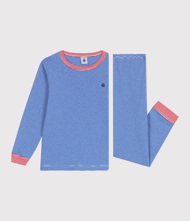 Pyjama enfant en coton manches longues &agrave; rayures bleu/blanc