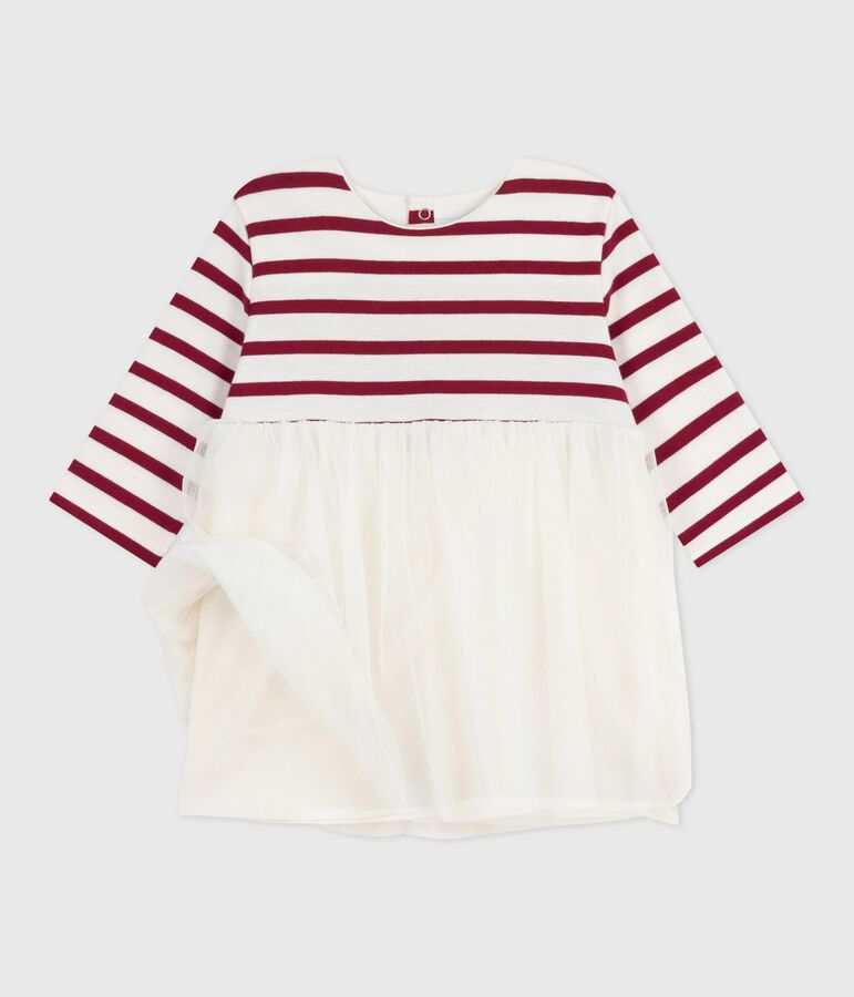 Jurk met lange mouwen van twee materialen voor baby's ecru/rood