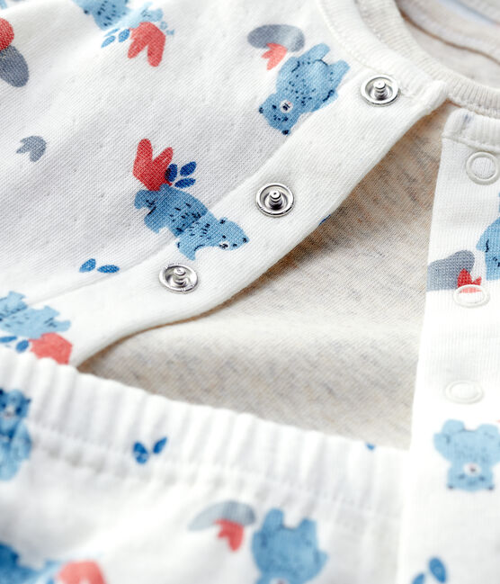 Driedelige set met berenprint van biologisch katoen wit MARSHMALLOW/wit MULTICO