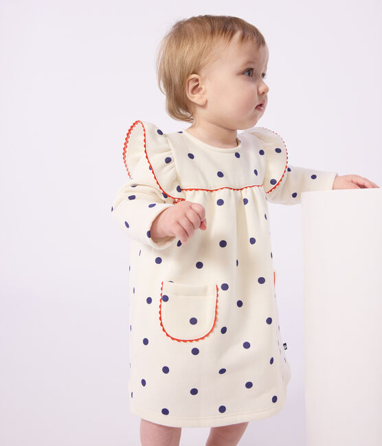 Robe bébé en coton manches longues, imprimée pois bleu MILK/ SOIR