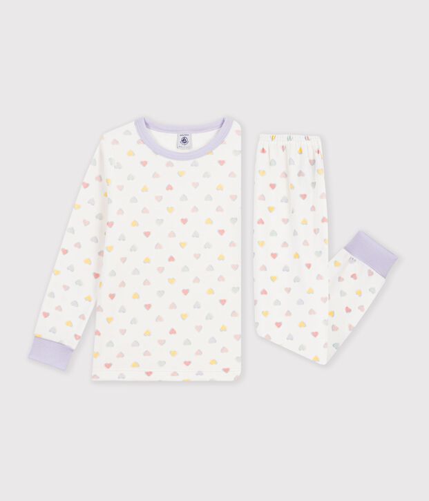 Pyjama enfant en velours &agrave; c&oelig;urs blanc/multicouleur