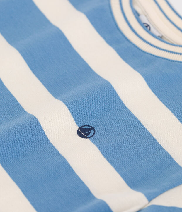 Tee-shirt enfant en coton manches courtes &agrave; rayures bleu/&eacute;cru