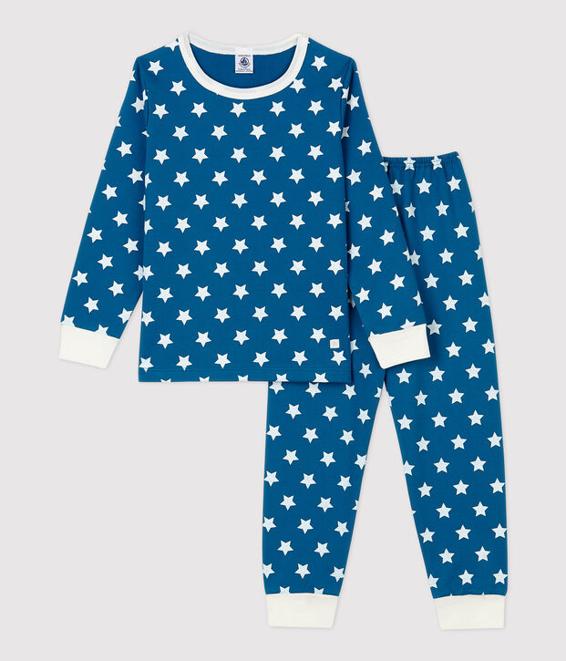 Jongens/meisjes pyjama met grafische print van biologisch katoen blauw/wit