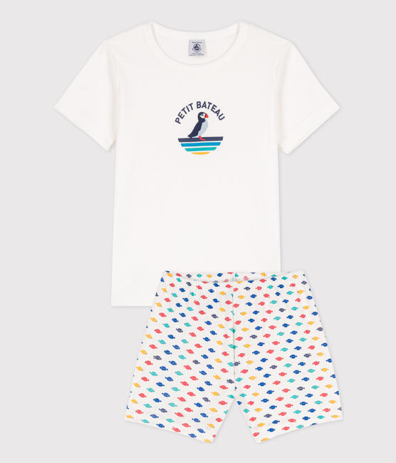 Korte jongenspyjama in katoen met print met zeedieren wit MARSHMALLOW/wit MULTICO