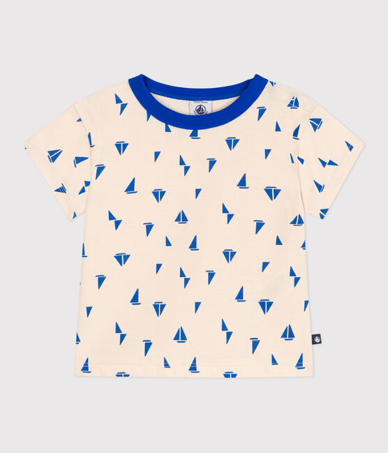 T-shirt bébé en coton à manches courtes, imprimé bateaux bleu AVALANCHE/blanc PERSE