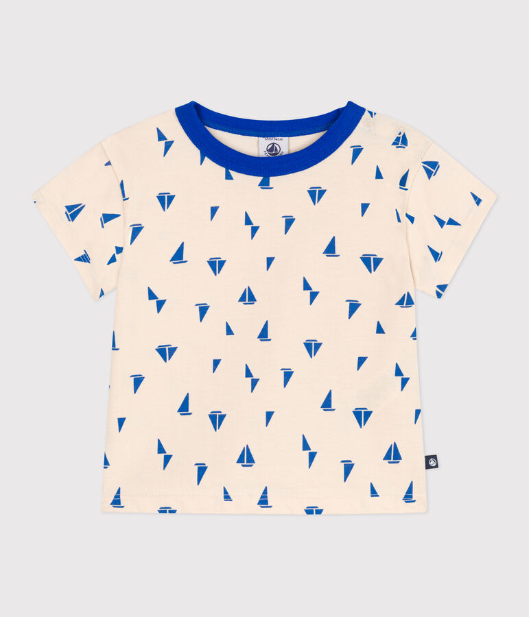 Katoenen T-shirt met korte mouwen en bootjesprint voor baby's ecru/blauw