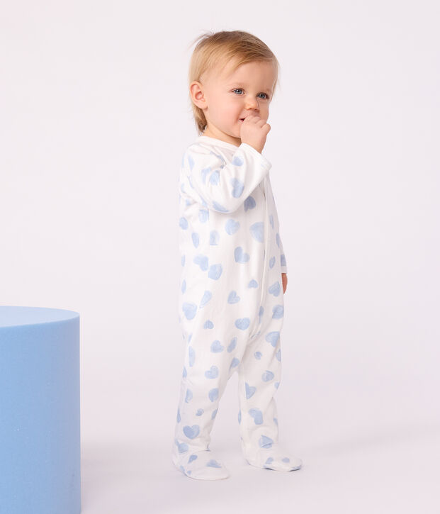 Babypyjama van geruwde fleece met kraag en hartjesprint wit/blauw