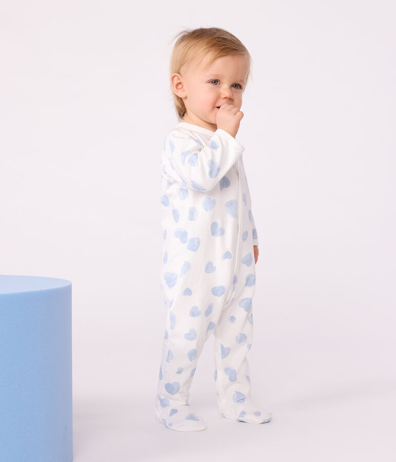 Babypyjama van geruwde fleece met kraag en hartjesprint MARSHMALLOW/ ADRIATIC