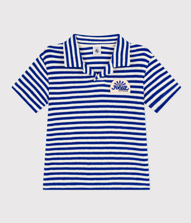 Polo met korte mouwen in boucl&eacute;badstof voor jongens blauw/ecru