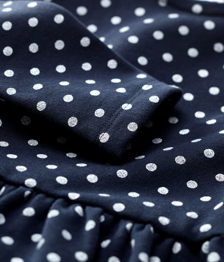 Molton meisjesjurk met lange mouwen blauw SMOKING/wit MARSHMALLOW