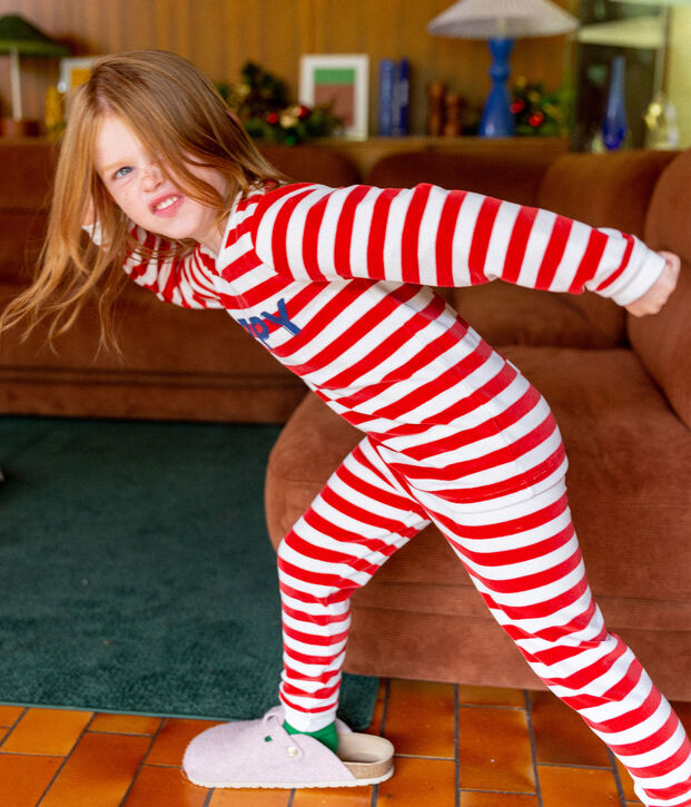 Gestreepte fluwelen pyjama voor kleine meisjes en jongens rood/wit