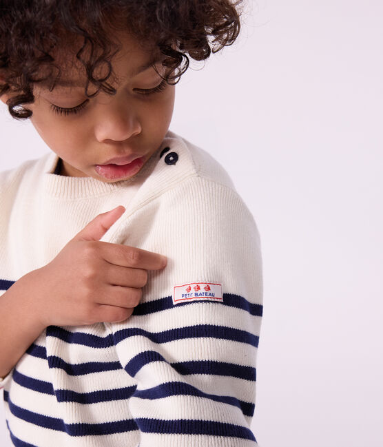 Kindertrui van wol en katoen met strepen blauw MARSHMALLOW/ SOIR