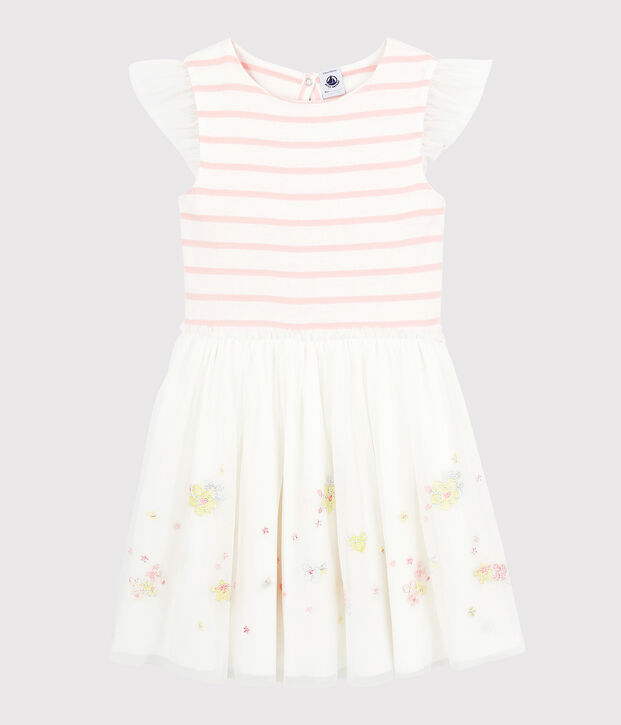 Robe c&eacute;r&eacute;monie en coton et tulle enfant fille blanc/rose