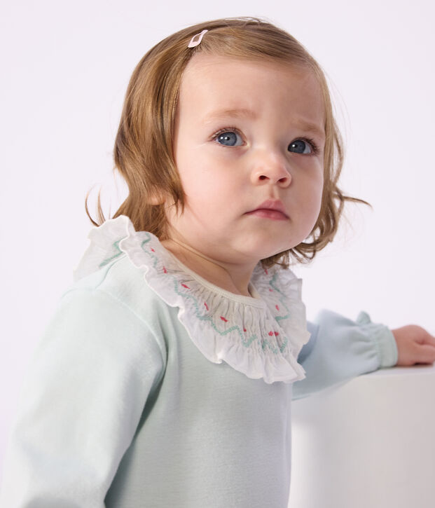 Effen babypyjama in katoen met kraagje en sluiting op de rug groen