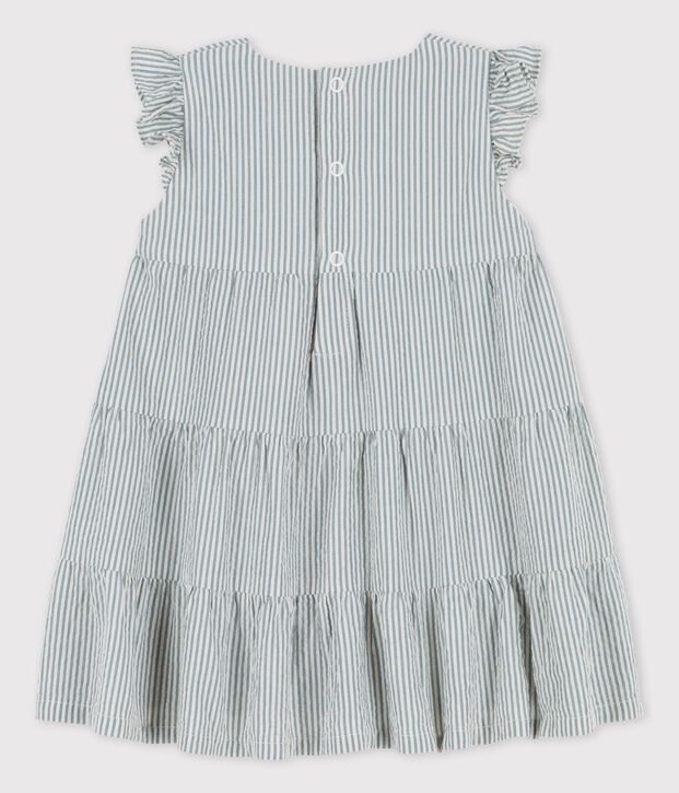 Robe ray&eacute;e en seersucker bio b&eacute;b&eacute; vert/blanc