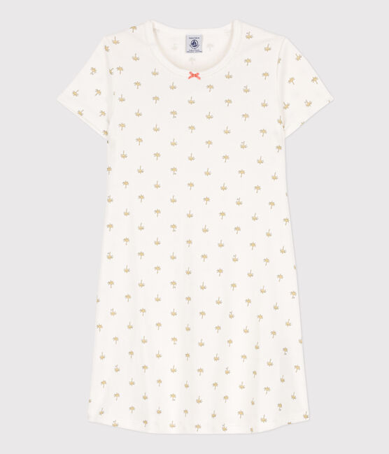 Katoenen meisjesnachthemd met palmprint voor meisjes wit MARSHMALLOW/wit MULTICO
