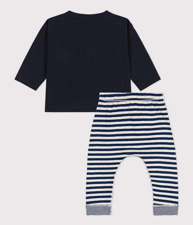 Ensemble cadeau b&eacute;b&eacute; : tee-shirt et pantalon bleu/blanc