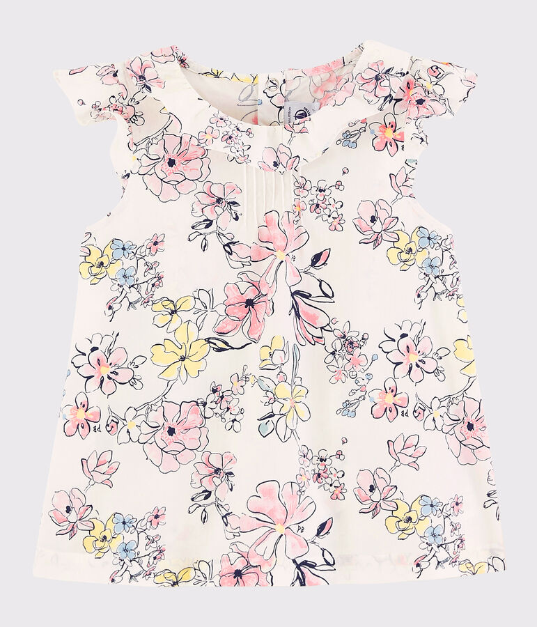 Blouse van popeline met korte mouwen voor meisjes wit MARSHMALLOW/wit MULTICO