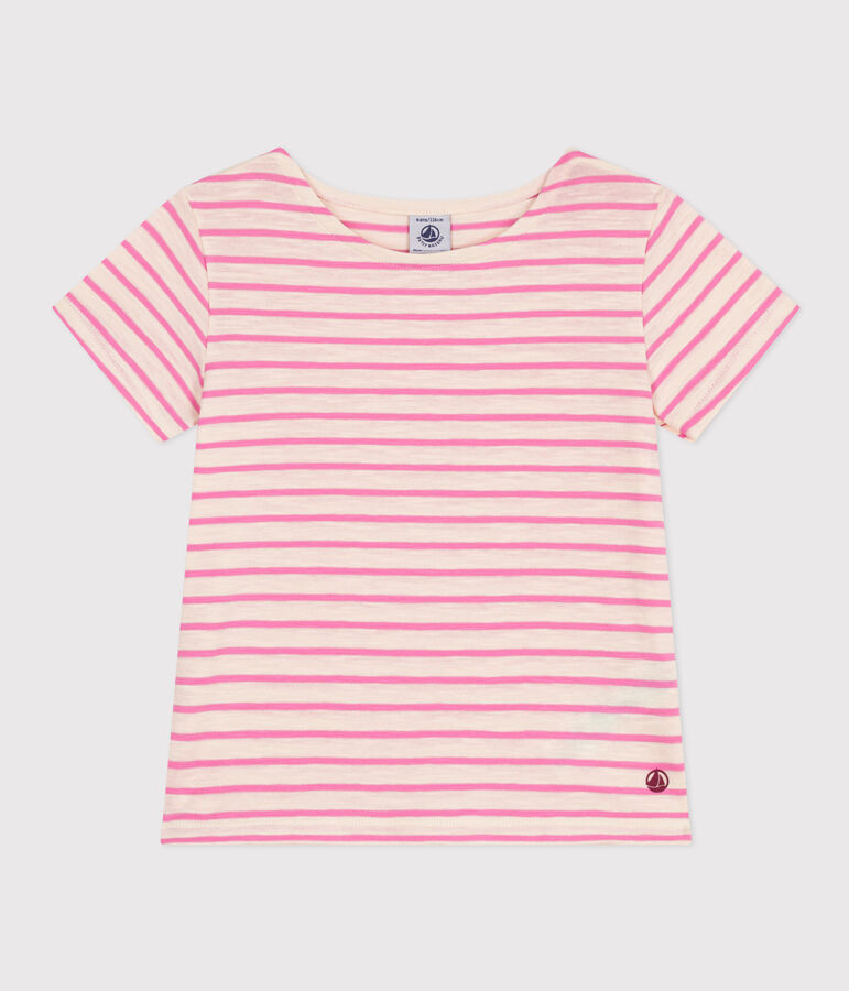 Tee-shirt ray&eacute; en jersey flamm&eacute; enfant fille &eacute;cru/rose