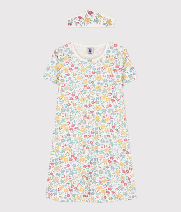 Chemise de nuit fleurs avec couronne en coton petite fille blanc/multicouleur