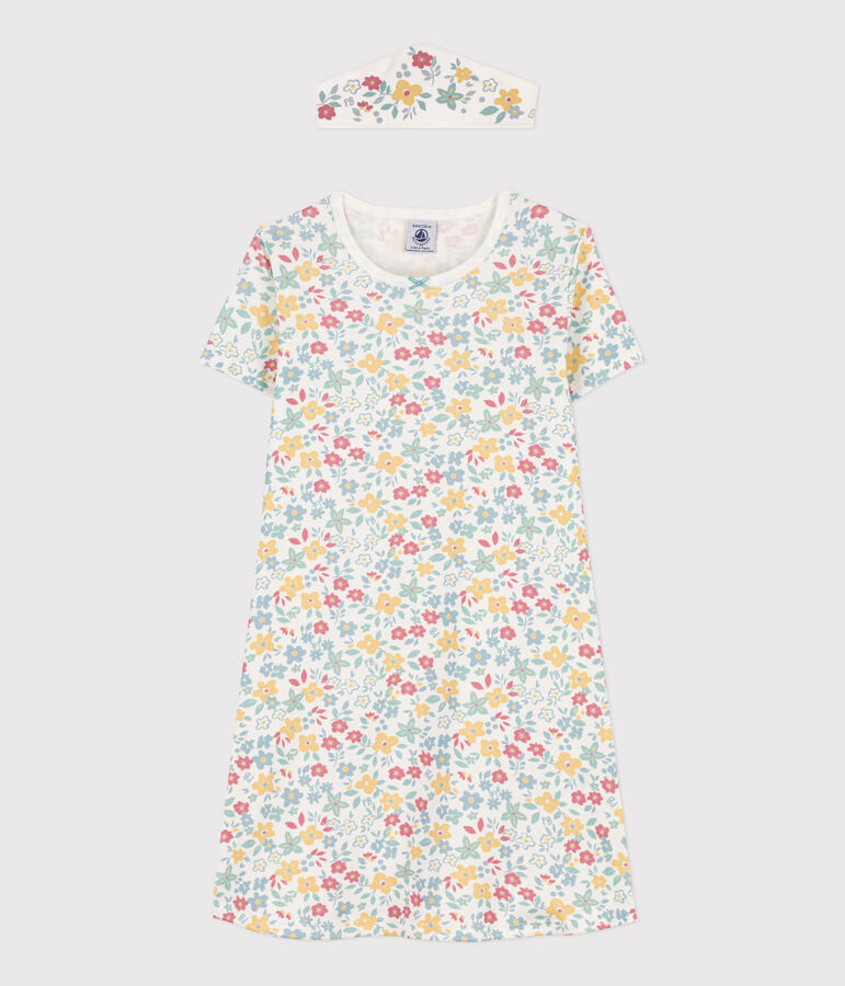 Chemise de nuit fleurs avec couronne en coton petite fille blanc/multicouleur