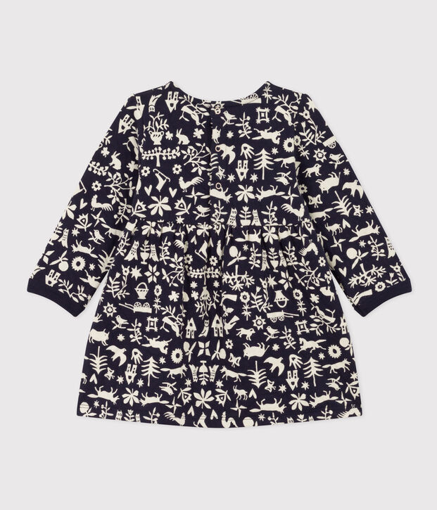 Jurk met lange mouwen in doorgestikte tubic met print voor baby's blauw/ecru