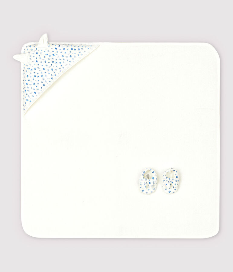 Vierkant badkoffertje en babyslofjes van badstof en biologisch katoen wit/blauw