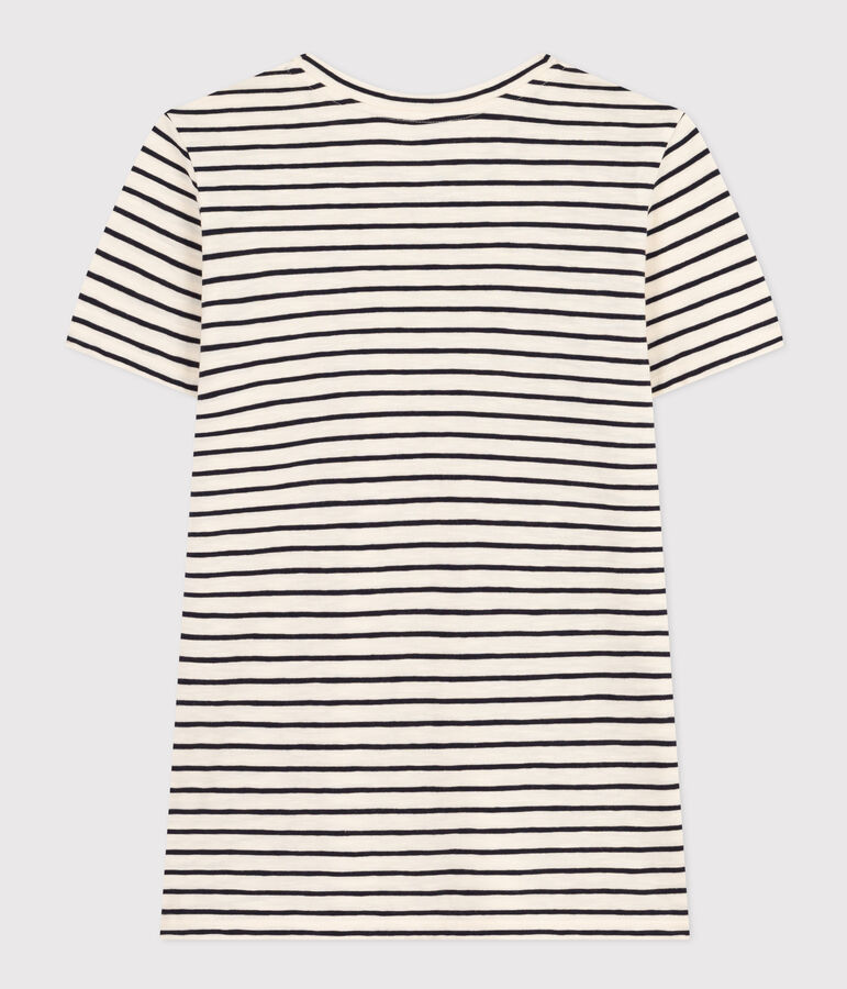 Tee-shirt Le Droit col rond en coton ray&eacute; femme &eacute;cru/bleu