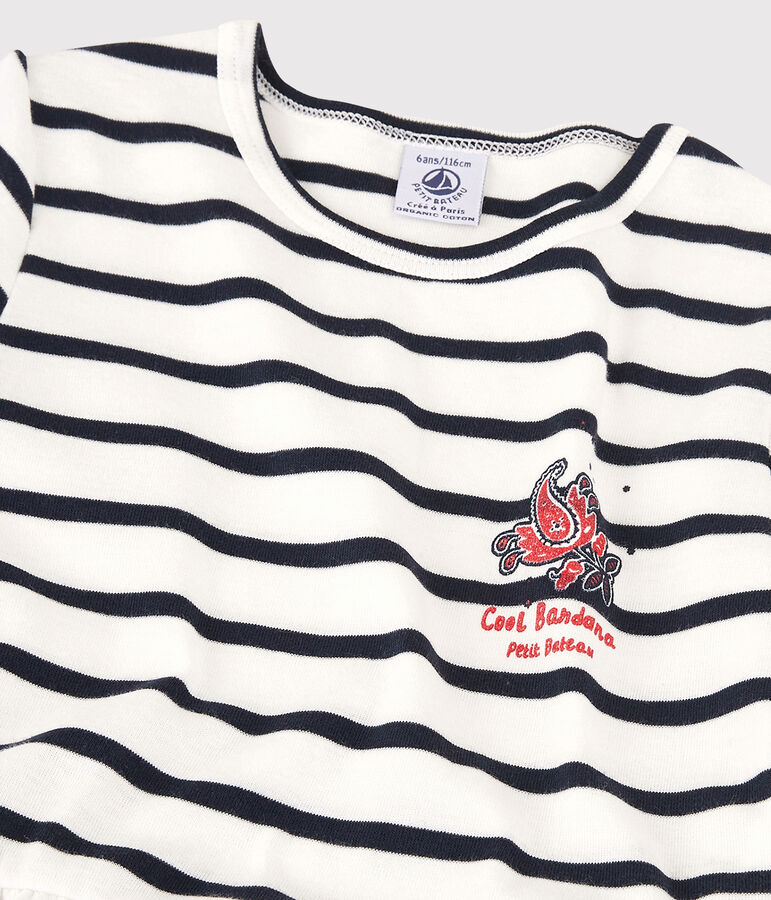 Meisjesjurk met korte mouwen in katoen wit/blauw