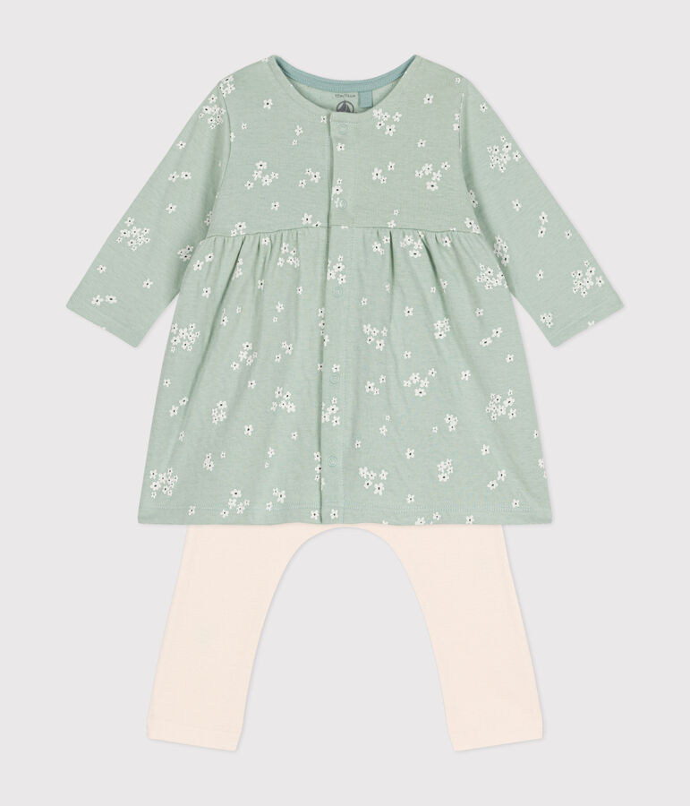 Robe et legging en coton b&eacute;b&eacute; vert/multicouleur