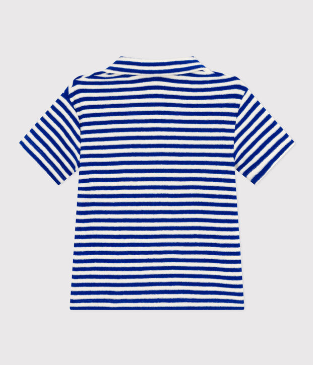 Polo met korte mouwen in boucl&eacute;badstof voor jongens blauw/ecru