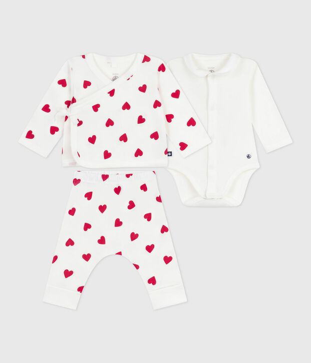 Driedelig katoenen babysetje met overslag en hartjesprint wit/rood
